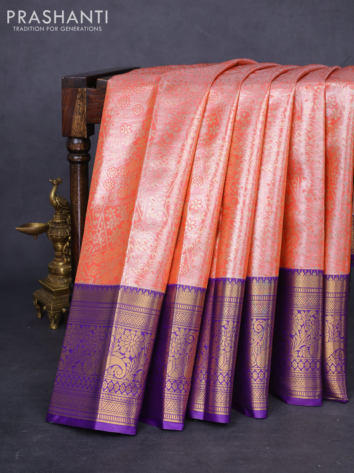 Bangalori tissue silk saree red and violet with allover zari woven brocade weaves and long zari woven border