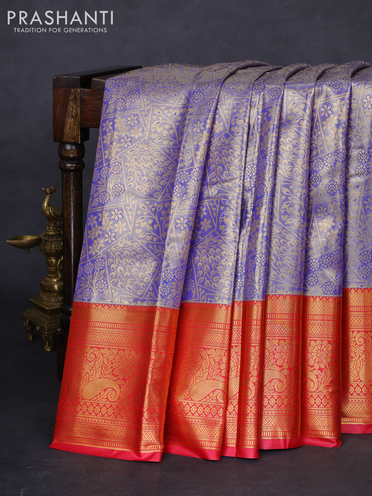 Bangalori tissue silk saree blue and reddish pink with allover zari woven brocade weaves and long zari woven border