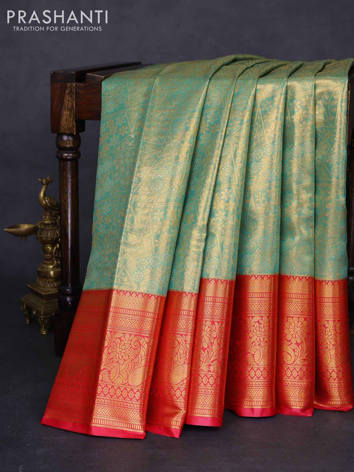 Bangalori tissue silk saree teal green shade and reddish pink with allover zari woven brocade weaves and long zari woven border