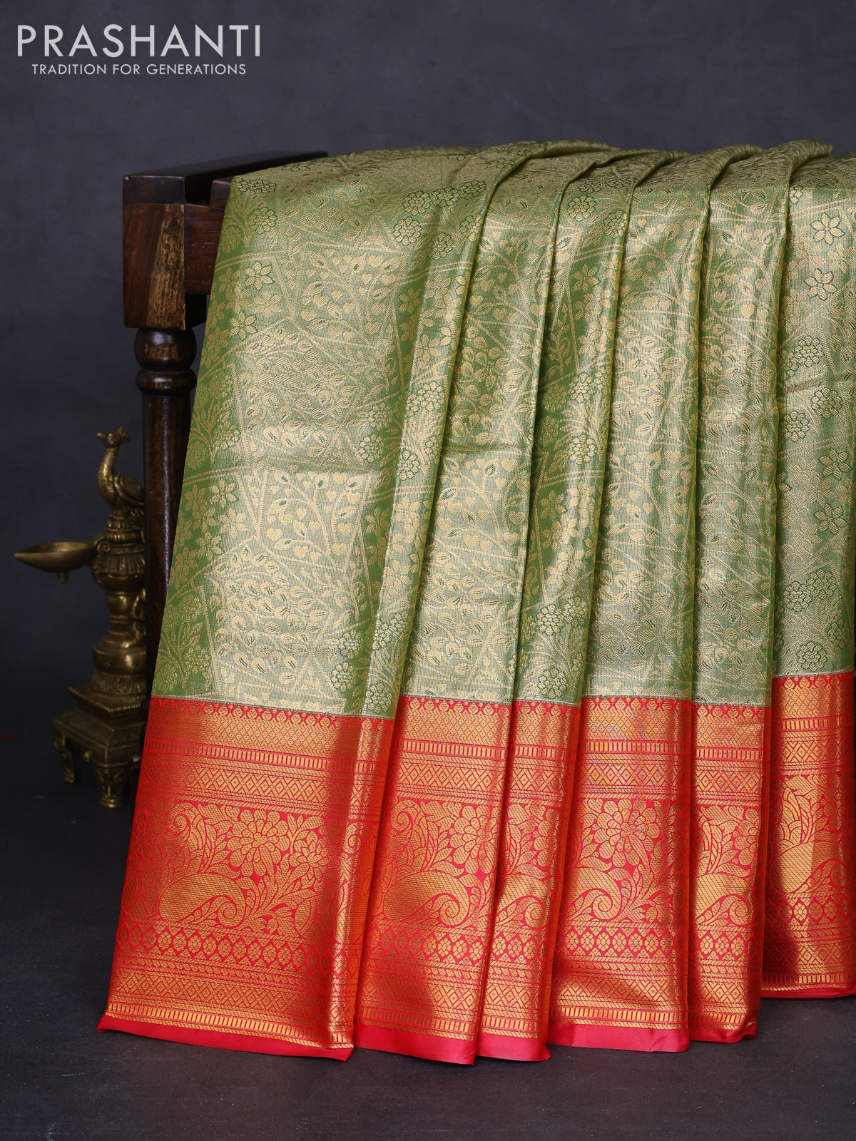 Bangalori tissue silk saree green and pink with allover zari woven brocade weaves and long zari woven border