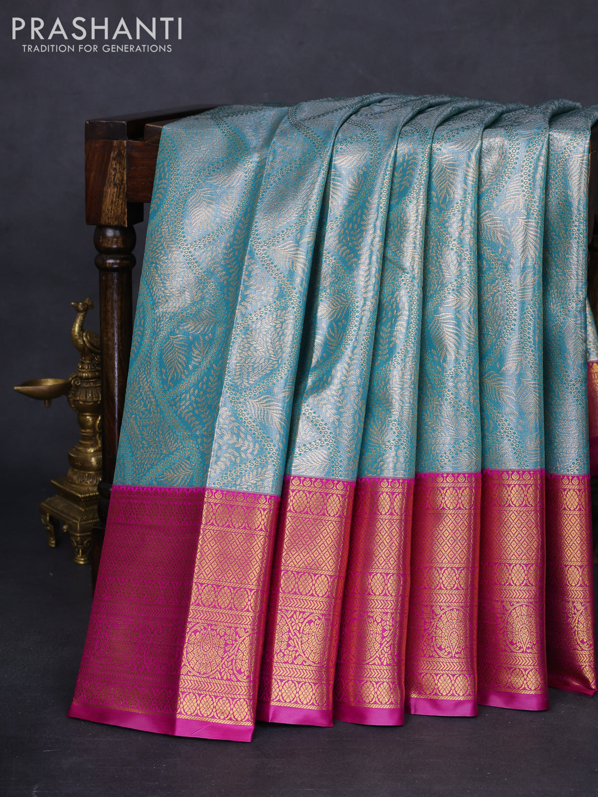 Bangalori tissue silk saree teal blue and purple with allover zari woven brocade weaves and long zari woven border