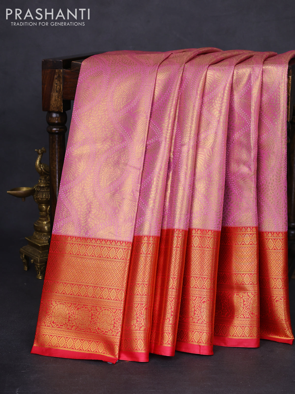 Bangalori tissue silk saree light pink and pink with allover zari woven brocade weaves and long zari woven border
