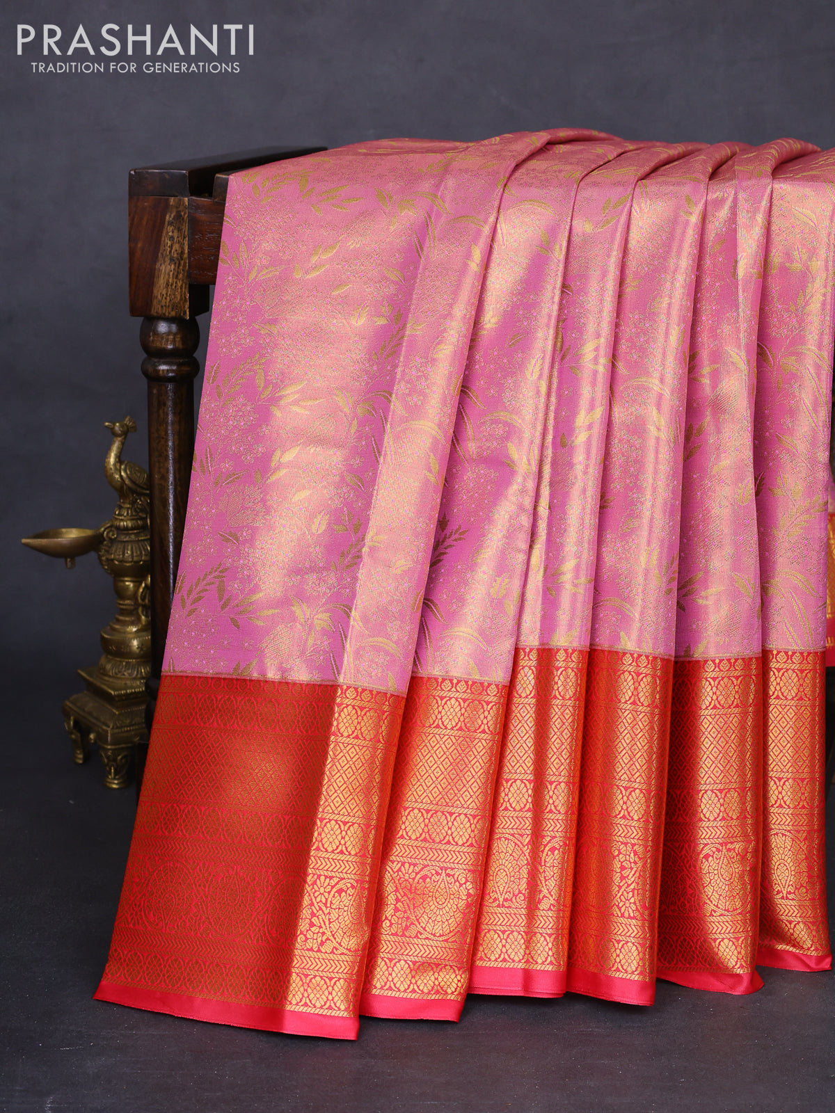 Bangalori tissue silk saree light pink and pink with allover zari woven brocade weaves and long zari woven border