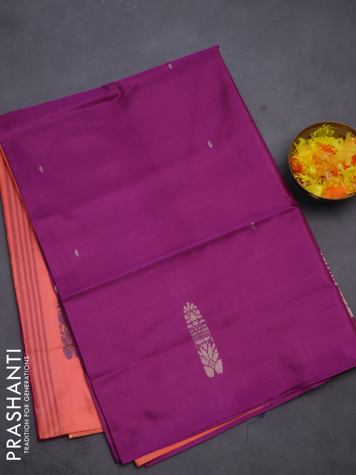 Banana pith saree purple and orange with thread woven buttas in borderless style