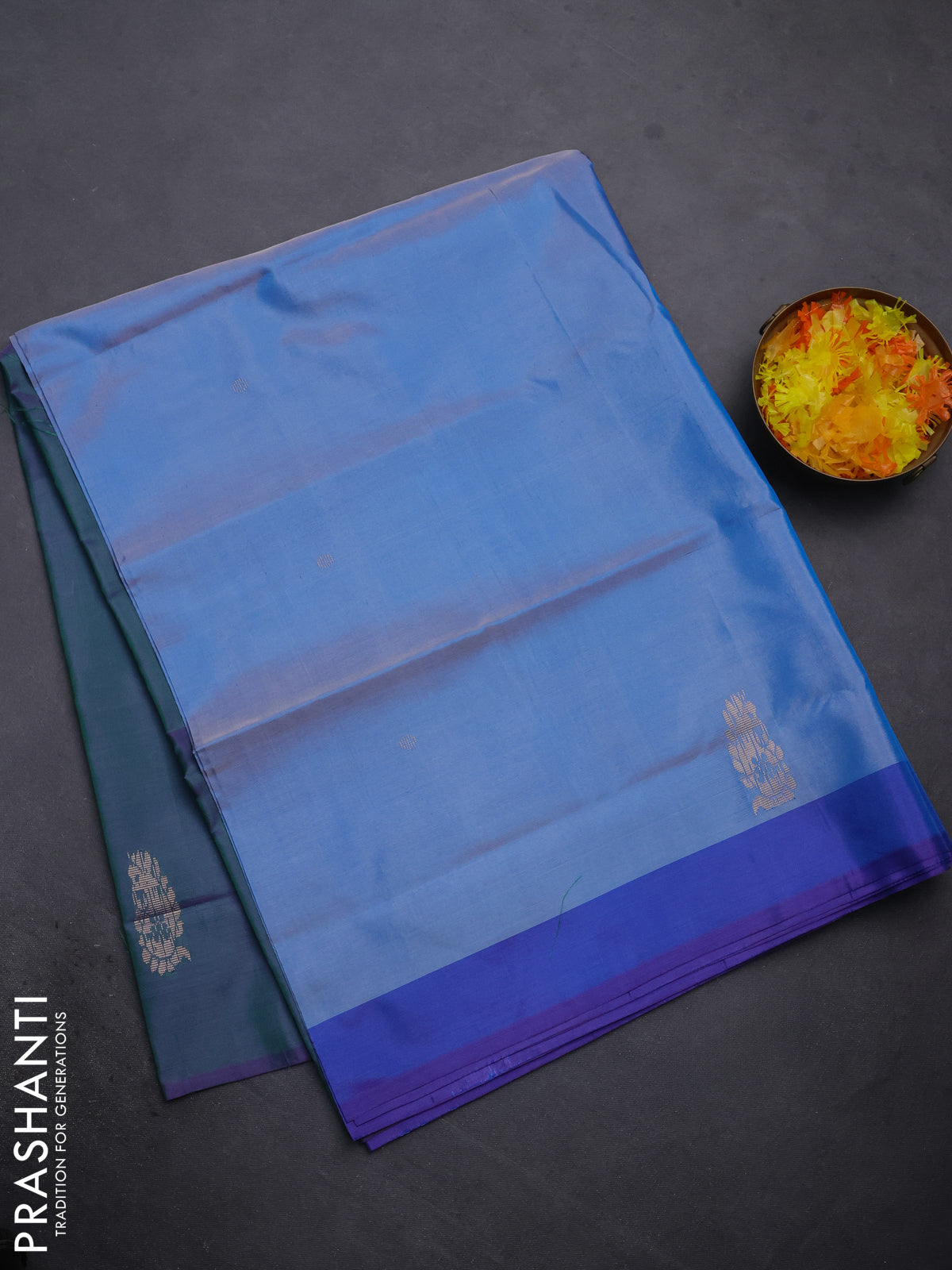Banana pith saree blue shade and dual shade of greenish violet with thread woven buttas and contrast border