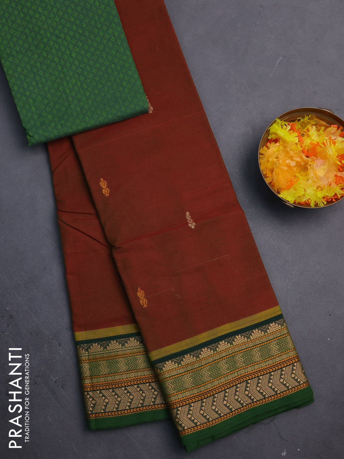 Chettinad cotton saree dual shade of maroon and green with thread woven buttas and thread woven border