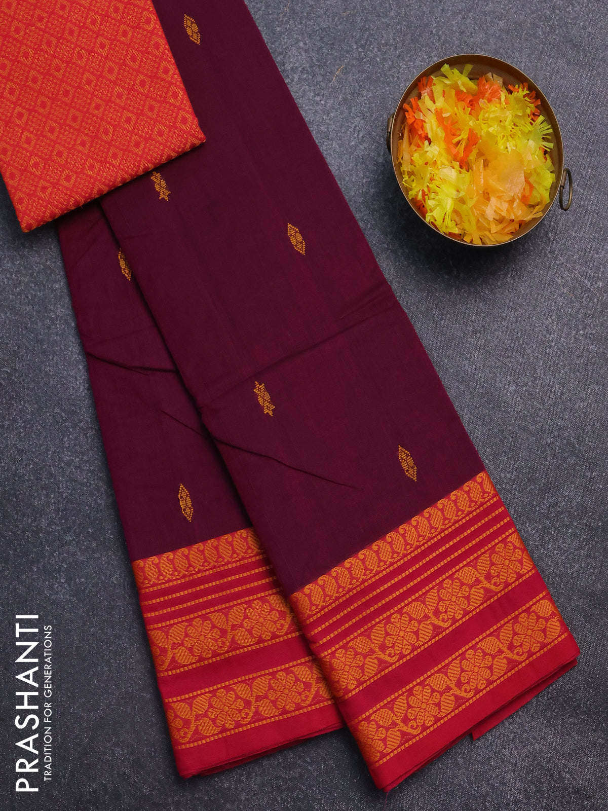 Chettinad cotton saree magenta pink and pink with plain body and thread woven border
