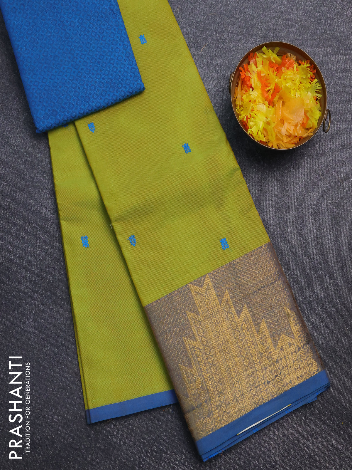 Chettinad cotton saree lime green and cs blue with thread woven buttas and temple design zari border