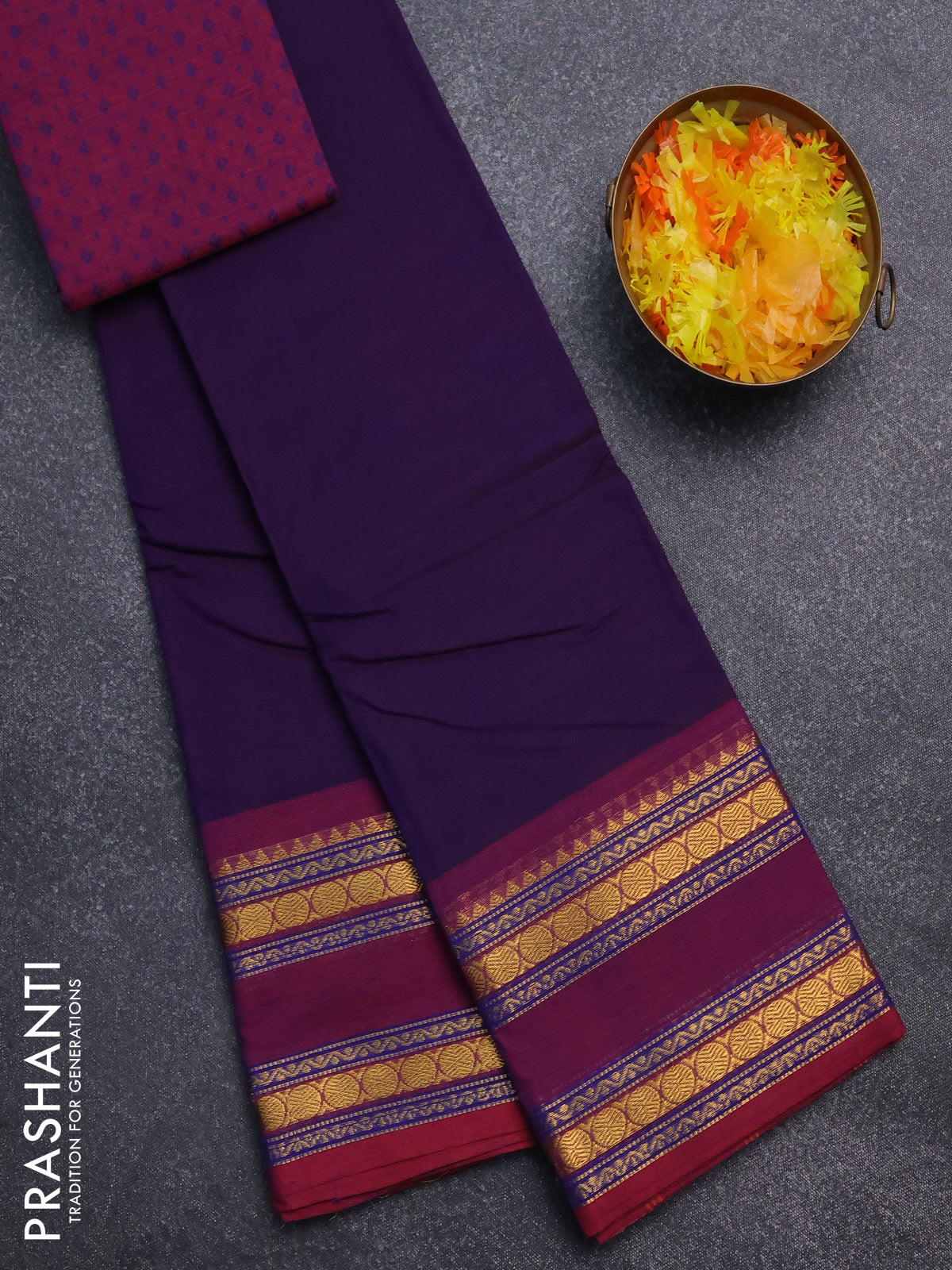 Chettinad cotton saree deep voilet and purple with thread woven buttas and rattapet zari woven border