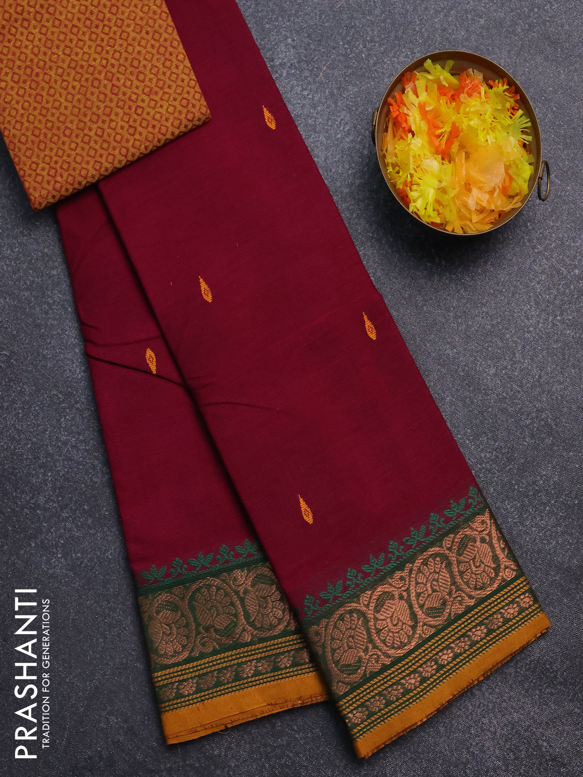 Chettinad cotton saree magenta pink and green with thread woven buttas and copper zari woven border