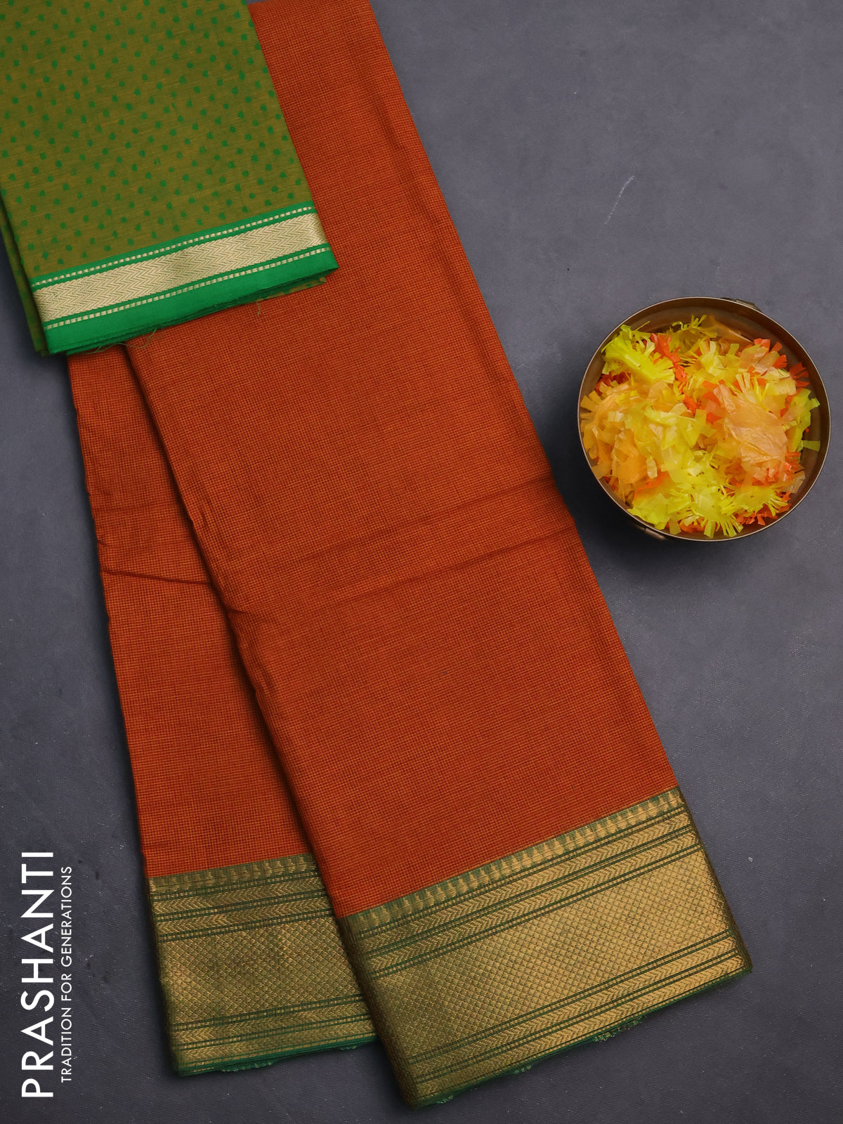 Chettinad cotton saree dual shade of musatrd and green with allover small checked pattern and zari woven border