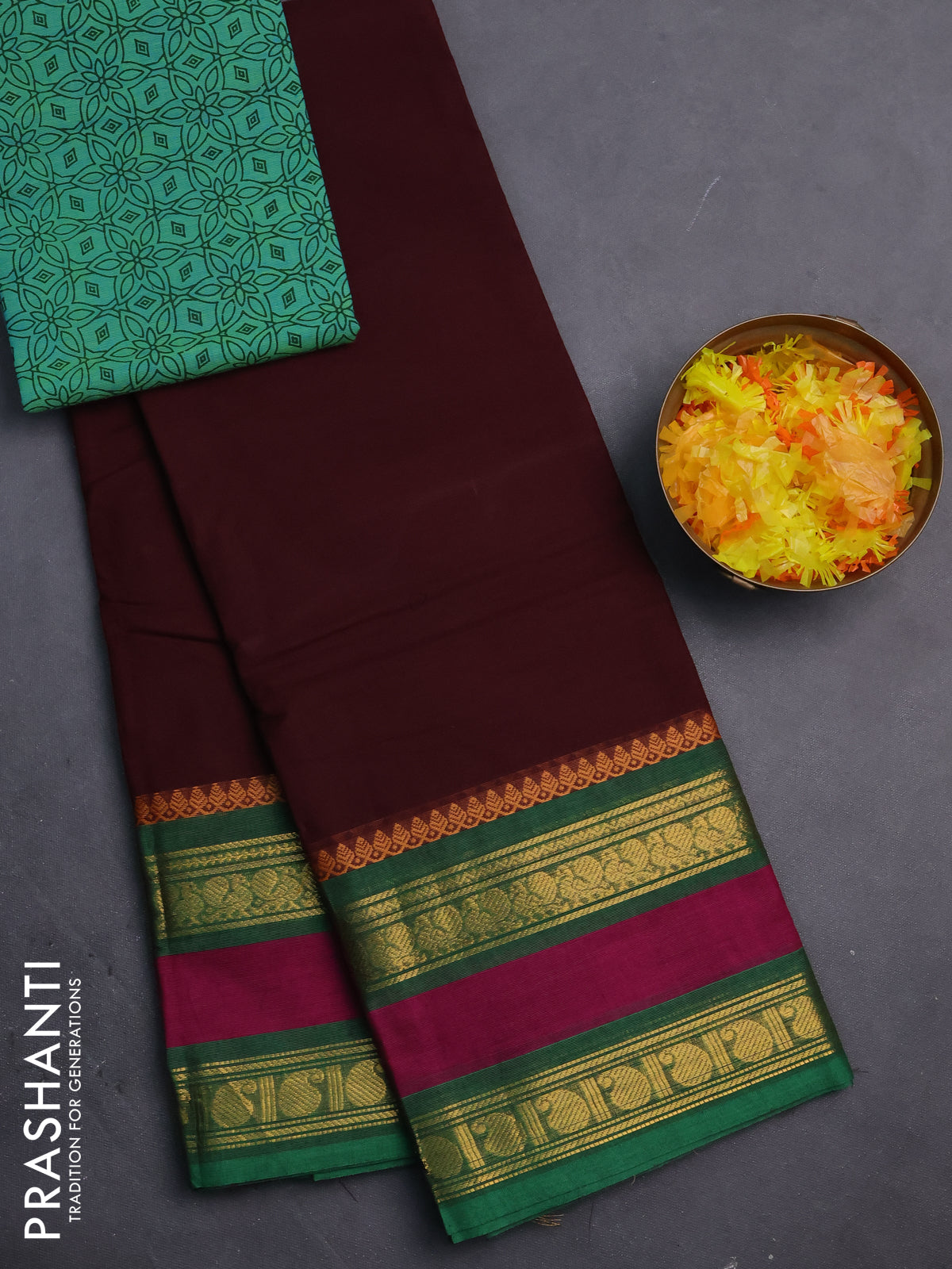 Chettinad cotton saree brown and green with thread woven buttas and rettapet zari woven border