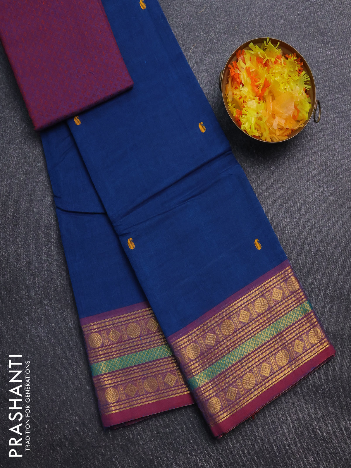 Chettinad cotton saree cs blue and maroon with thread woven buttas and zari woven border