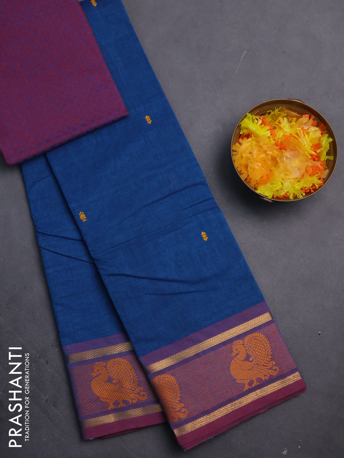 Chettinad cotton saree cs blue and maroon shade with thread woven buttas and zari woven annam butta border