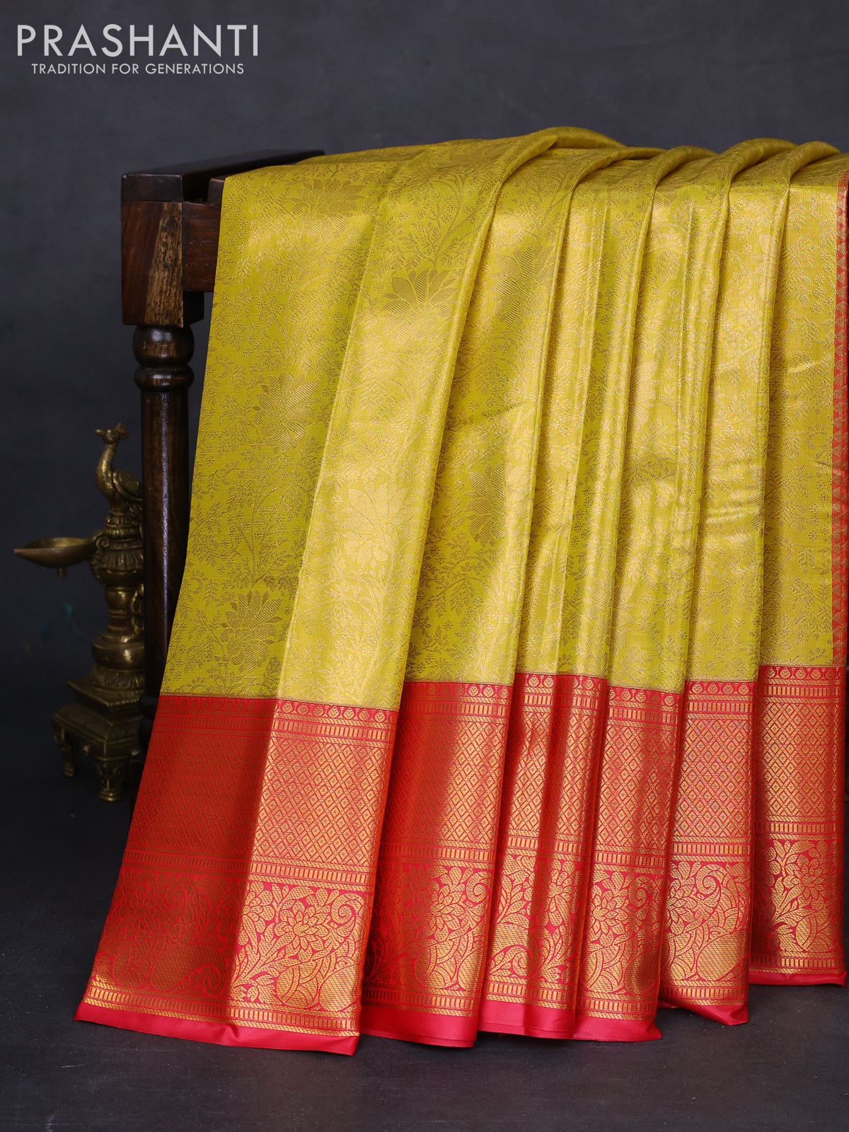 Bangalori tissue silk saree yellow and pink with allover zari woven brocade weaves and long zari woven border