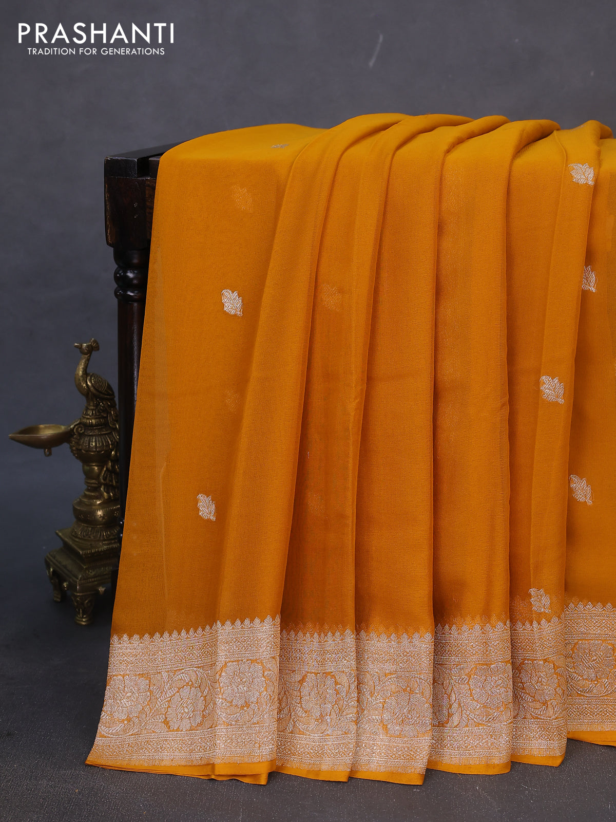 Banarasi chiffon silk saree mustard yellow with silver zari woven buttas and silver zari woven border
