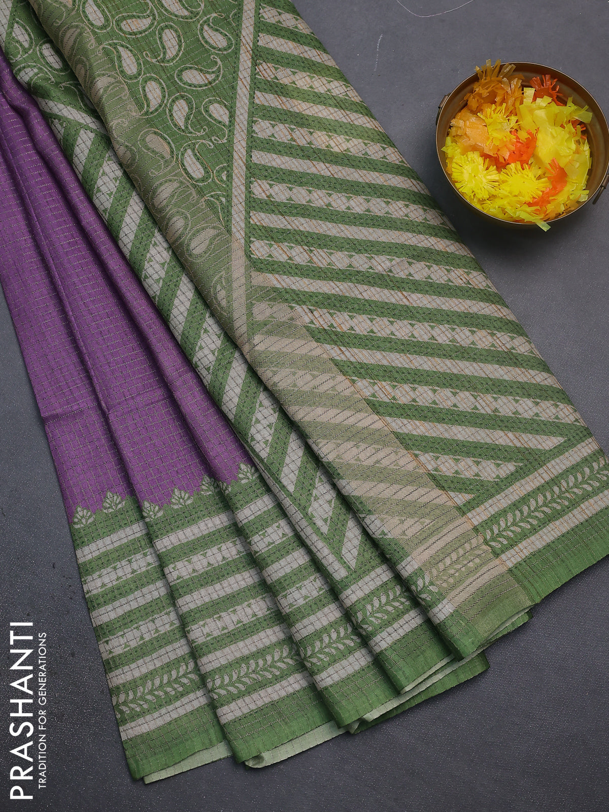 Chappa saree purple and green with allover small zari checked pattern and printed border