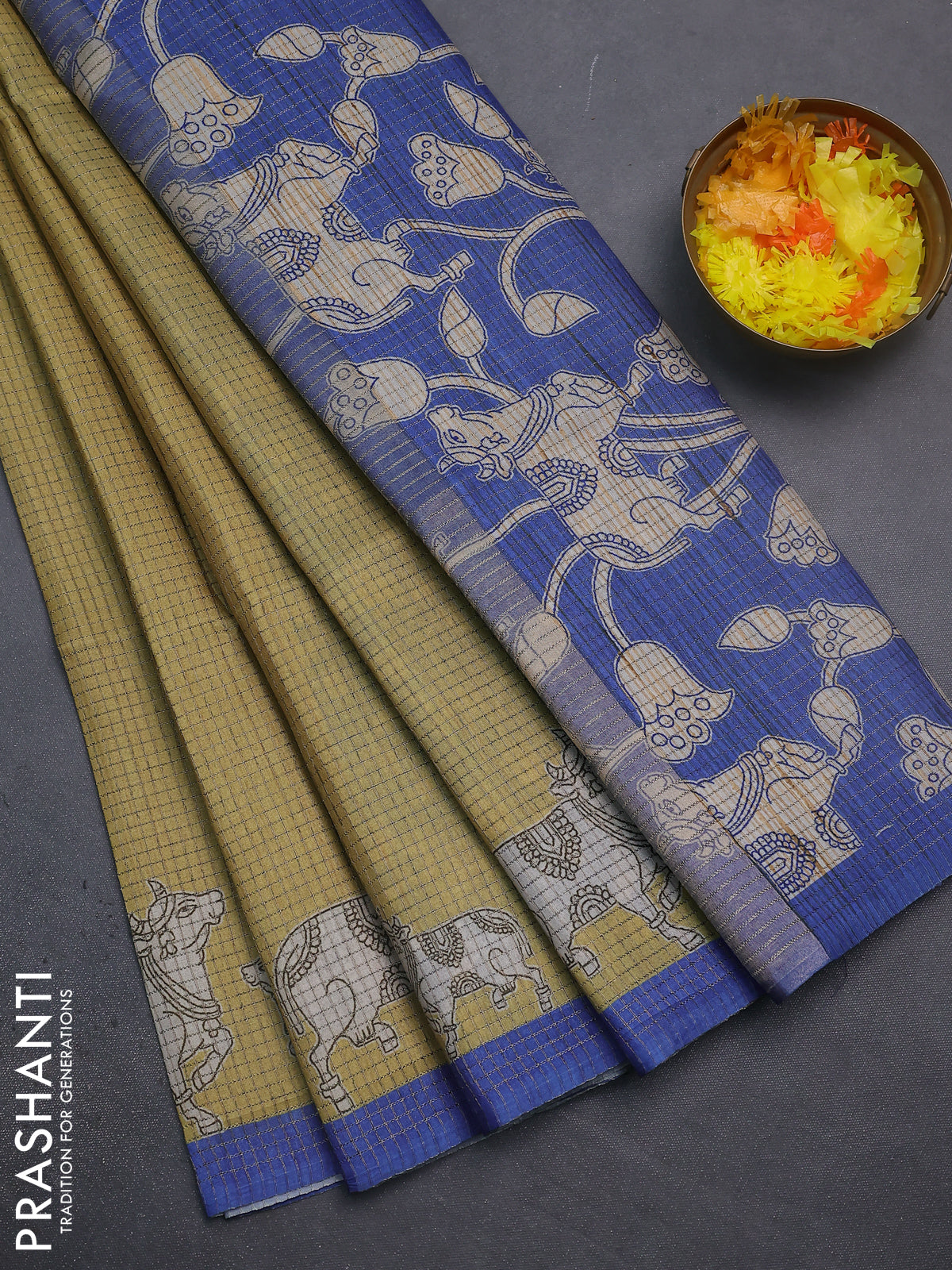 Chappa saree yellow and blue with allover small zari checked pattern and pichwai printed pallu