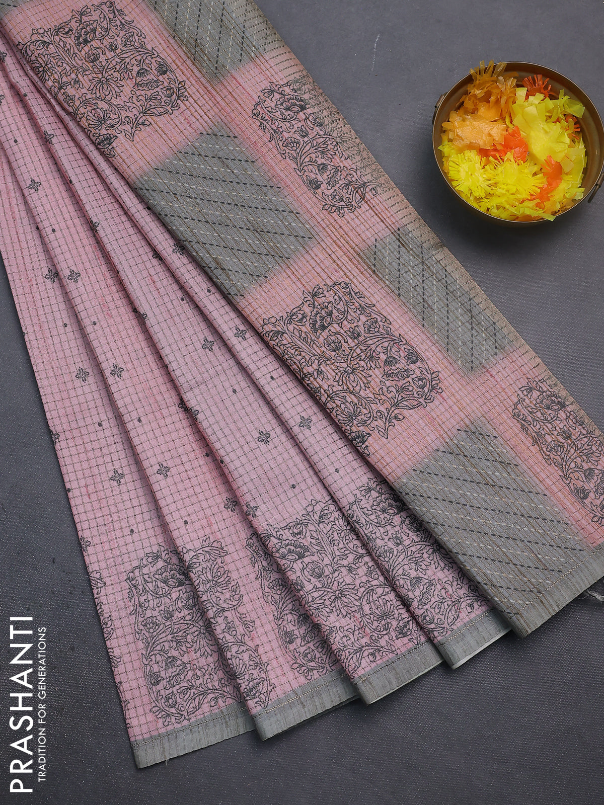 Chappa saree peach pink and grey with allover small zari checked pattern & butta prints and printed border