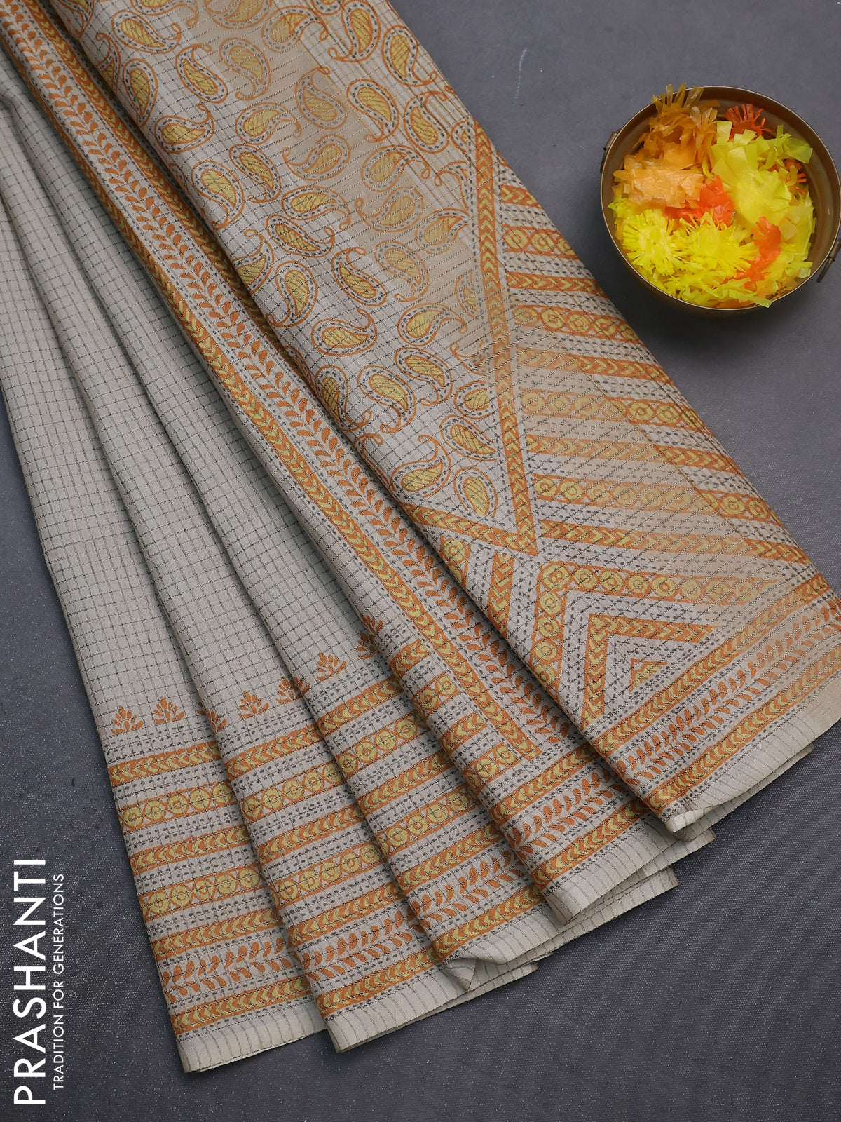 Chappa saree beige and mustard shade with allover small zari checked pattern and printed border