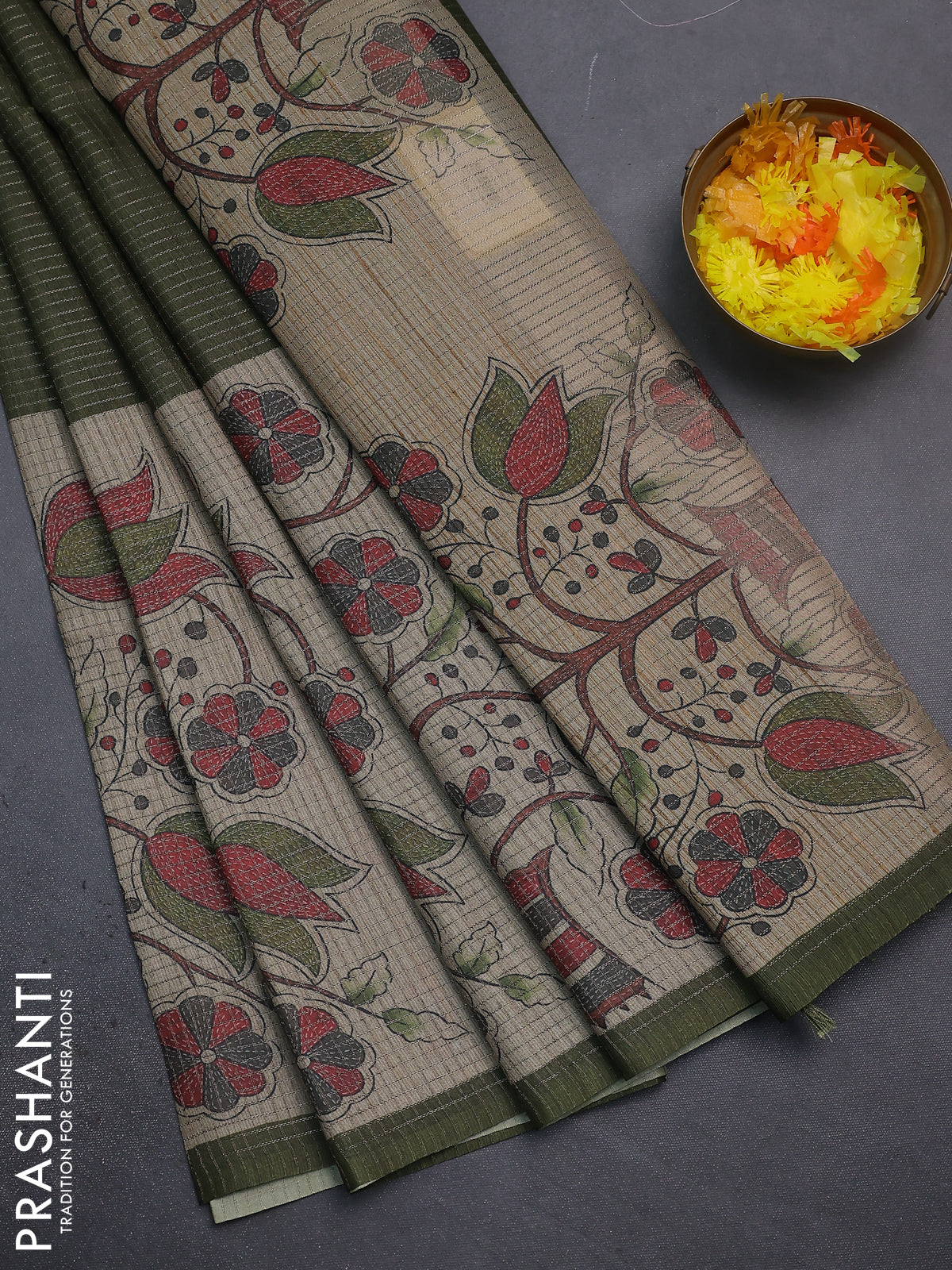 Chappa saree sap green and beige with allover small zari checked pattern and floral digital printed pallu