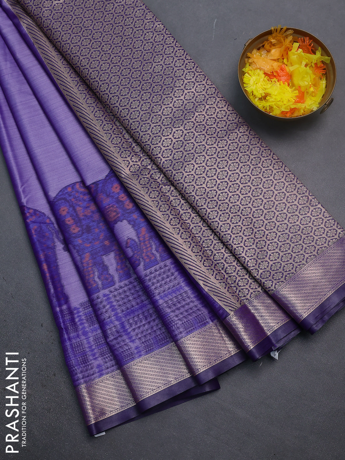Bangalori semi silk saree lavender and violet shade with allover elephant ikat butta weaves and zari woven border
