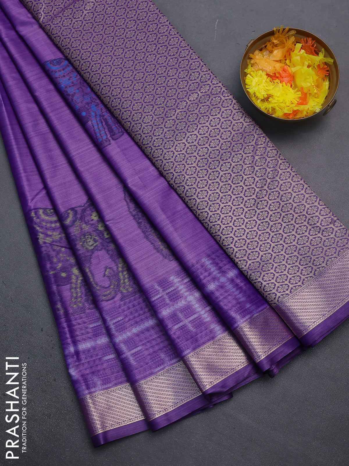 Bangalori semi silk saree purple with allover elephant ikat butta weaves and zari woven border