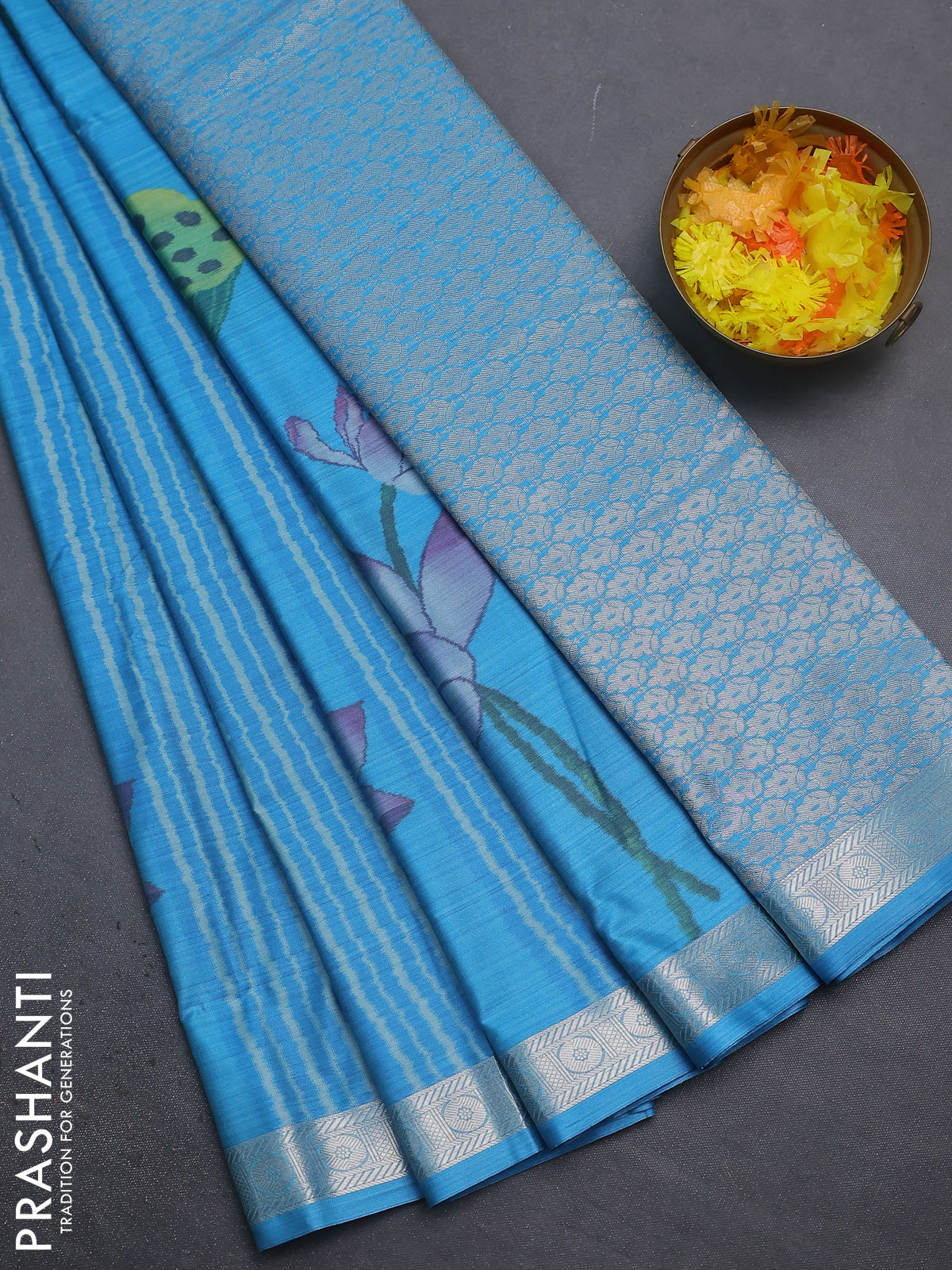 Bangalori semi silk saree light blue with allover floral ikat weaves and zari woven border