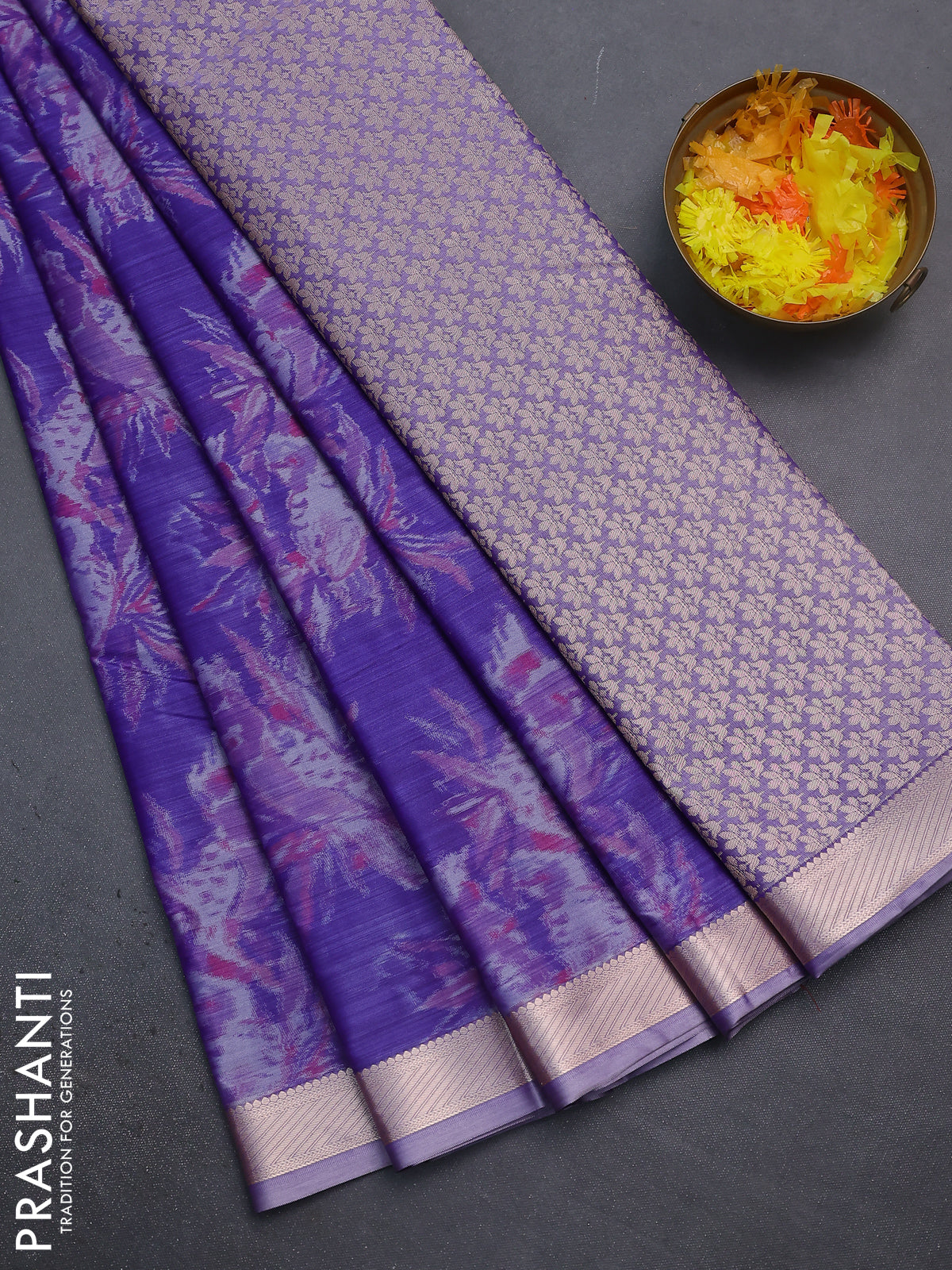 Bangalori semi silk saree violet with allover ikat weaves and zari woven border