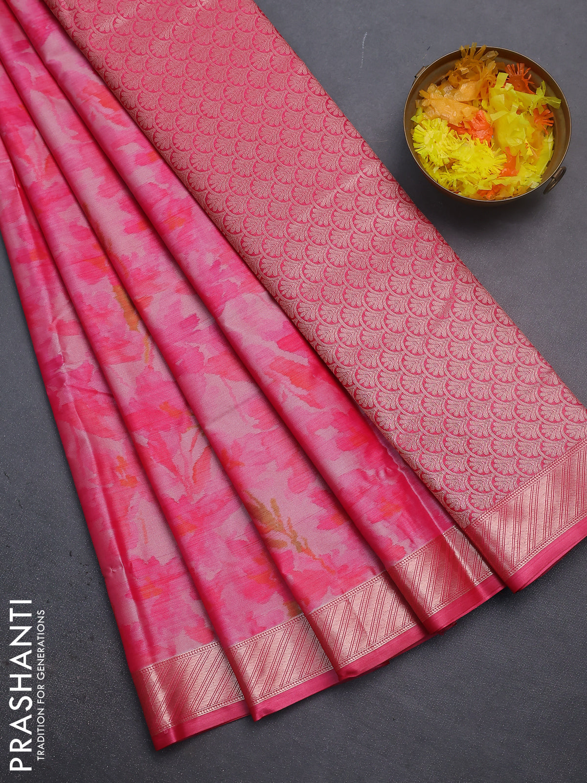 Bangalori semi silk saree peach pink and pink with floral design ikat weaves and zari woven border
