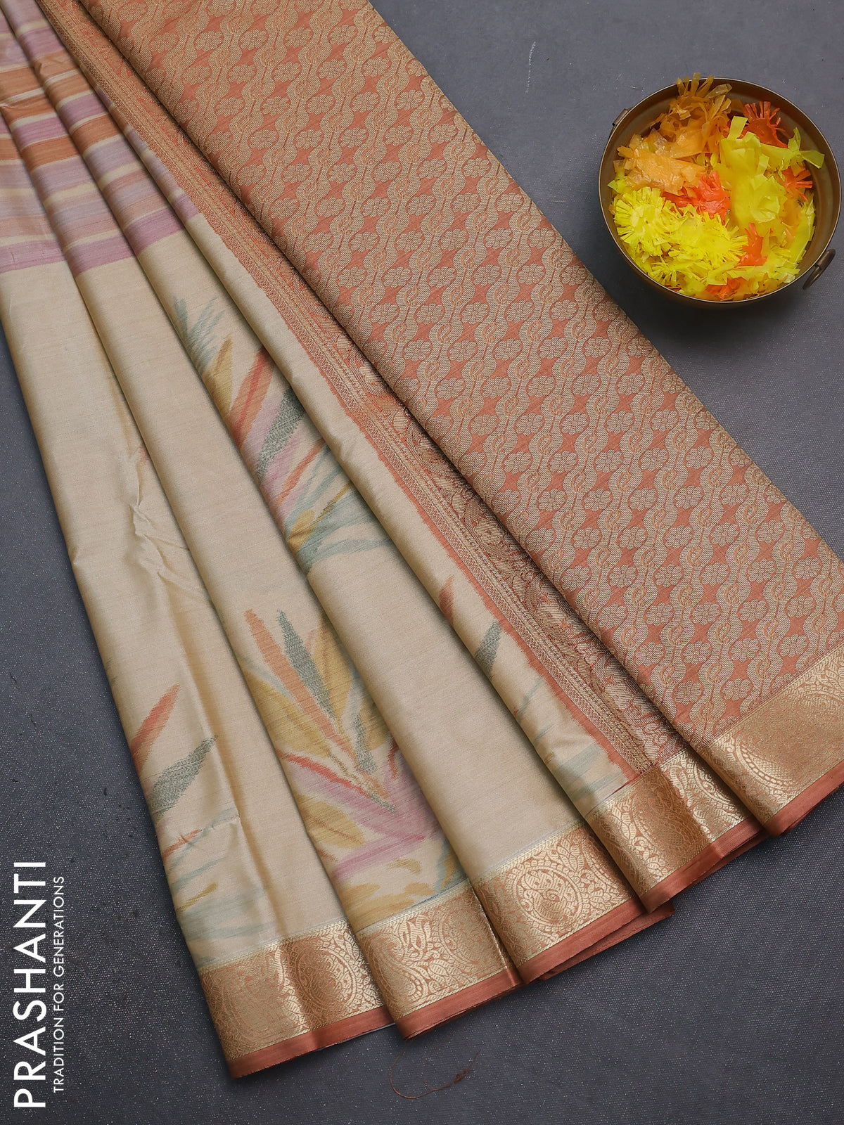 Bangalori semi silk saree beige and rust shade with allover ikat weaves and zari woven border