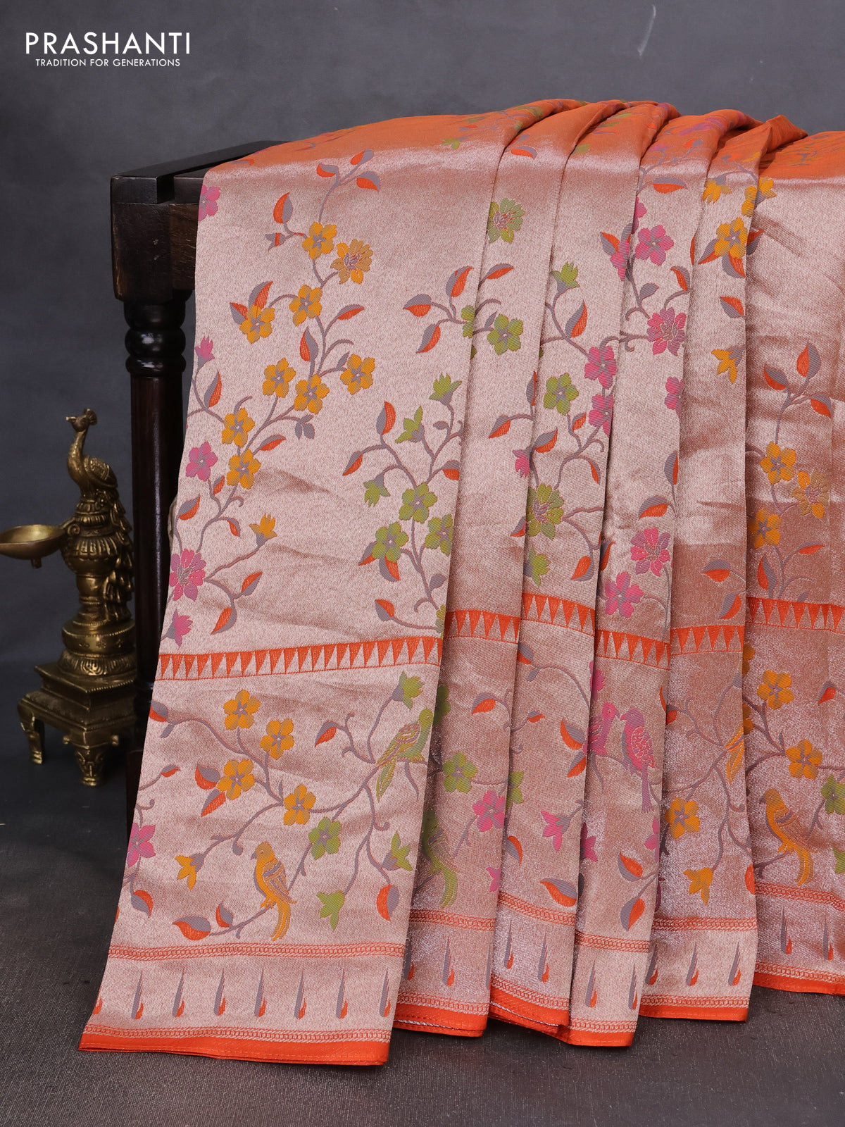 Banarasi semi raw silk saree orange with zari woven floral design paithani weaves and floral design paithani border