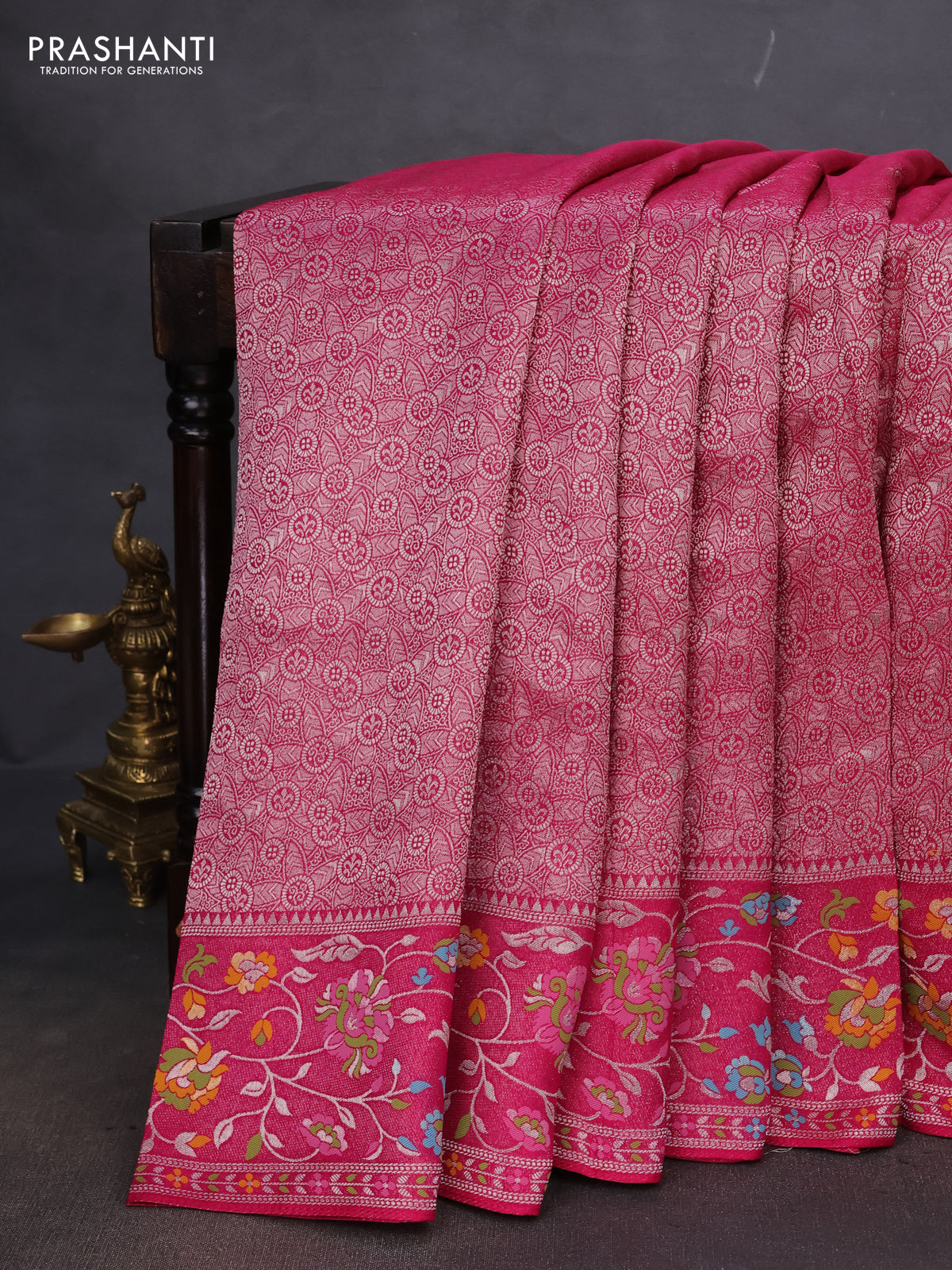 Banarasi semi raw silk saree pink with allover silver zari woven brocade weaves and floral design paithani border