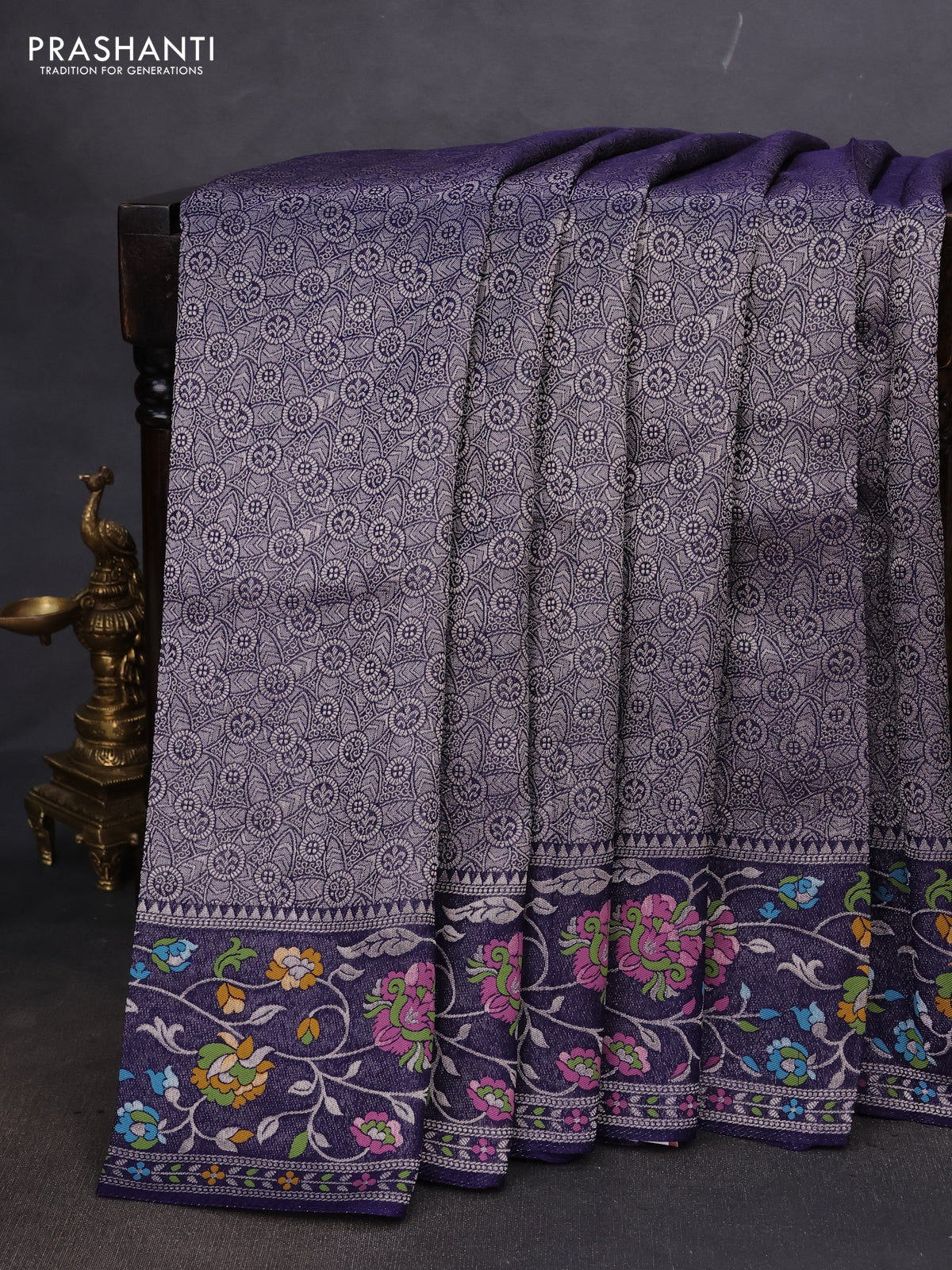 Banarasi semi raw silk saree navy blue with allover silver zari woven brocade weaves and floral design paithani border