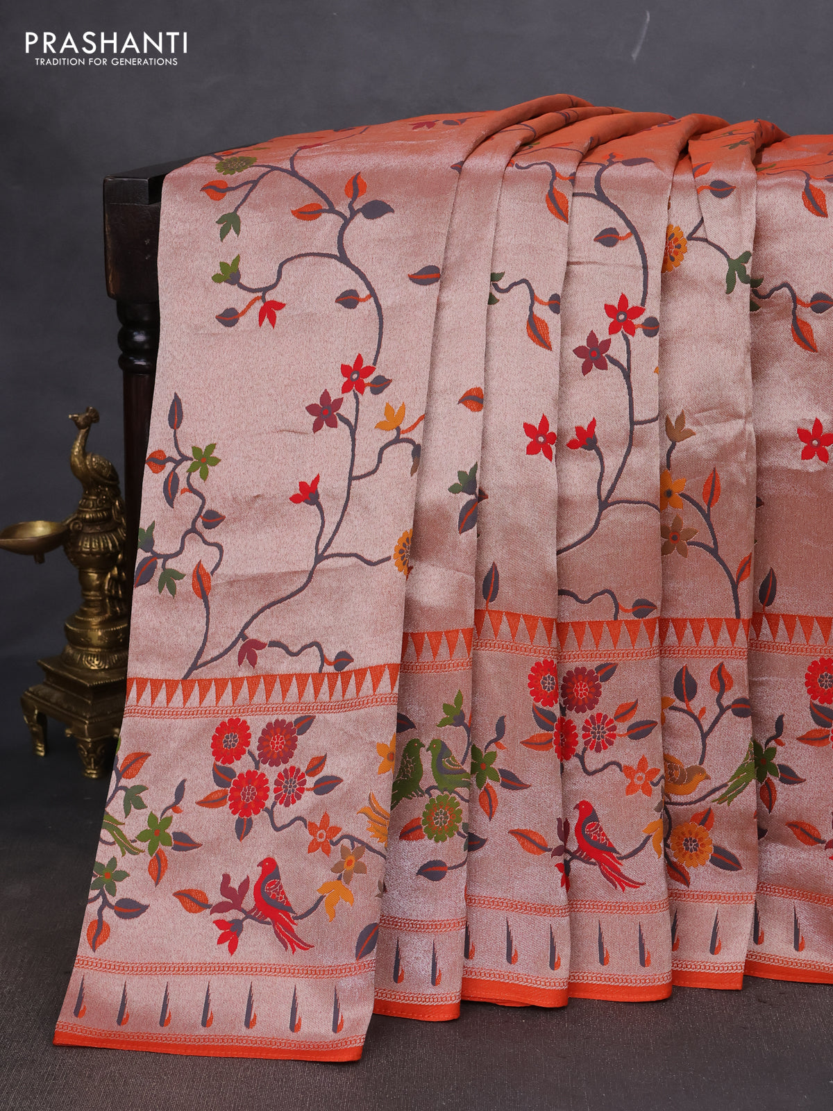 Banarasi semi raw silk saree orange with allover zari woven paithani weaves and floral design paithani border