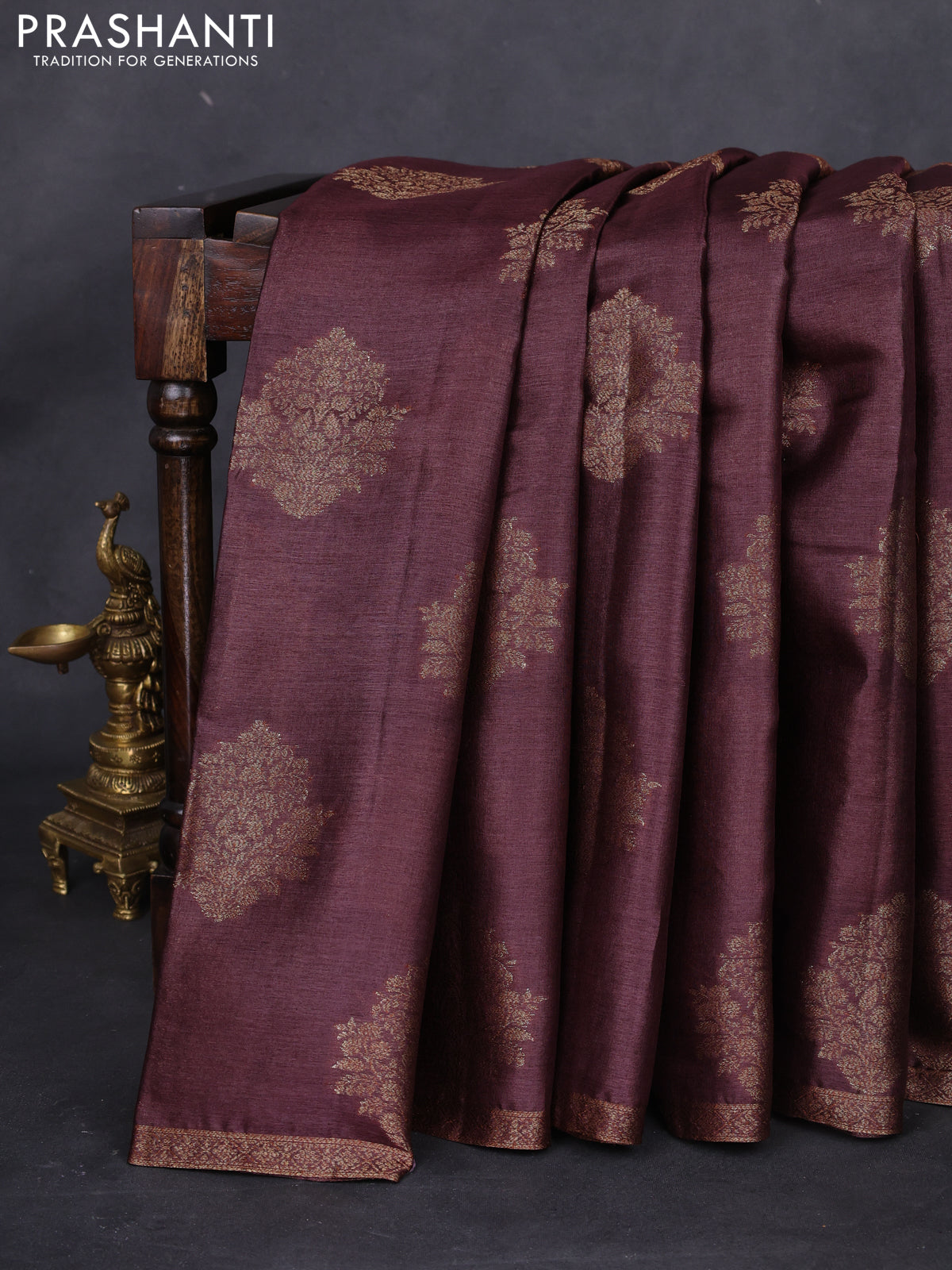 Banarasi tussar silk saree coffee brown and orange with thread & zari woven floral buttas and woven border