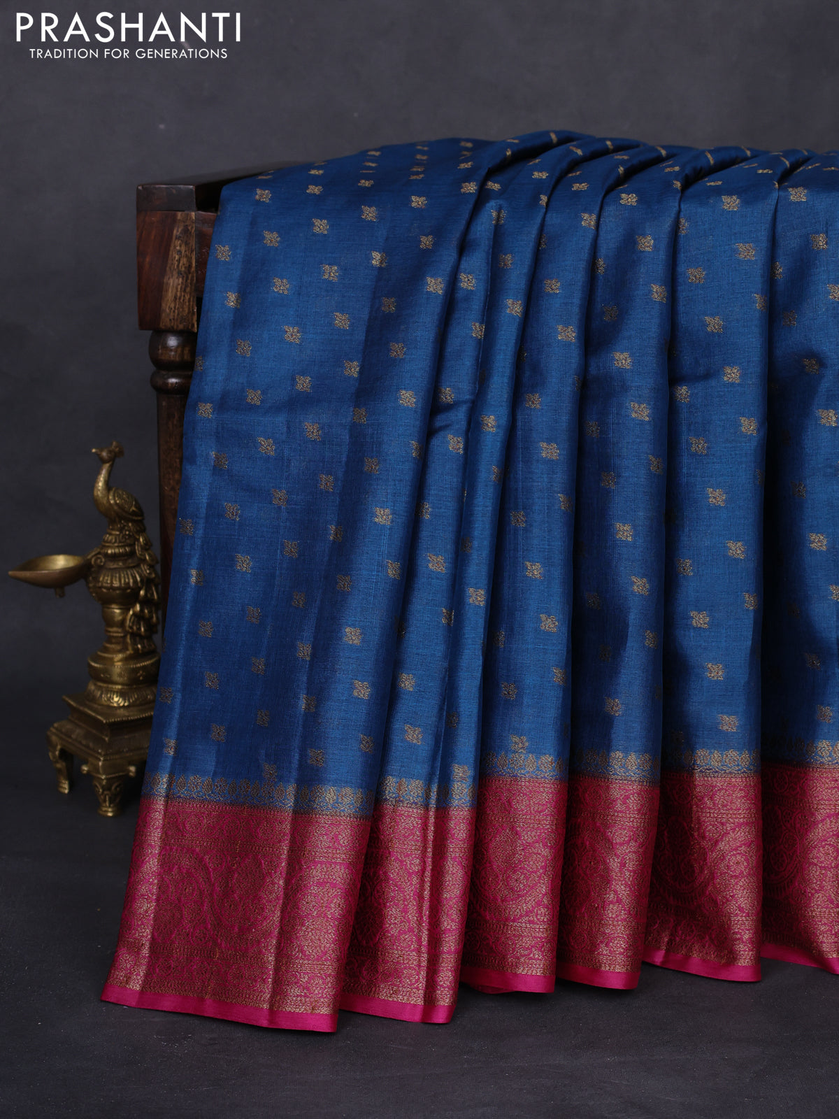 Banarasi tussar silk saree peacock blue and magenta pink with allover thread & zari woven buttas and woven border