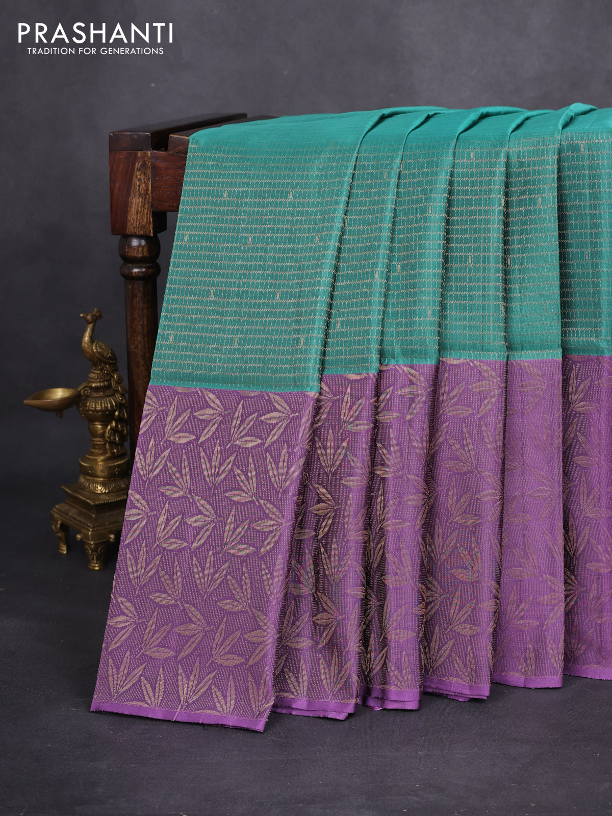 Kanchipuram soft silk saree teal green shade and lavender shade with allover zari woven brocade weaves and long zari woven border
