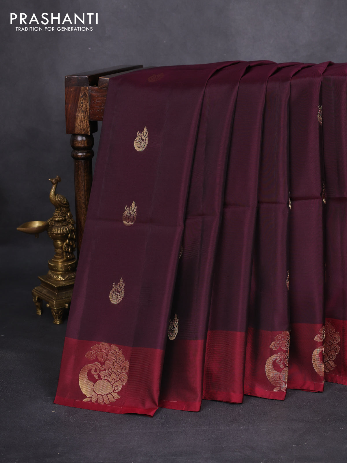 Kanchipuram soft silk saree wine shade and maroon with zari woven peacock buttas and zari woven butta border