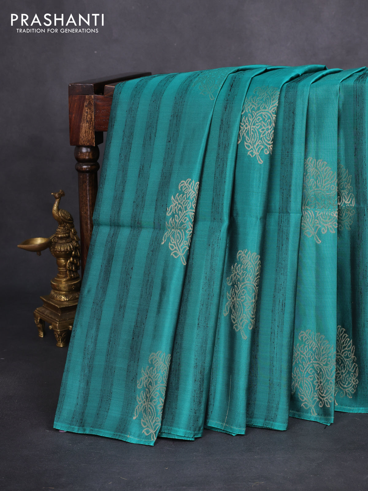 Kanchipuram soft silk saree teal green and pastel brown with zari buttas & jute finish in borderless style