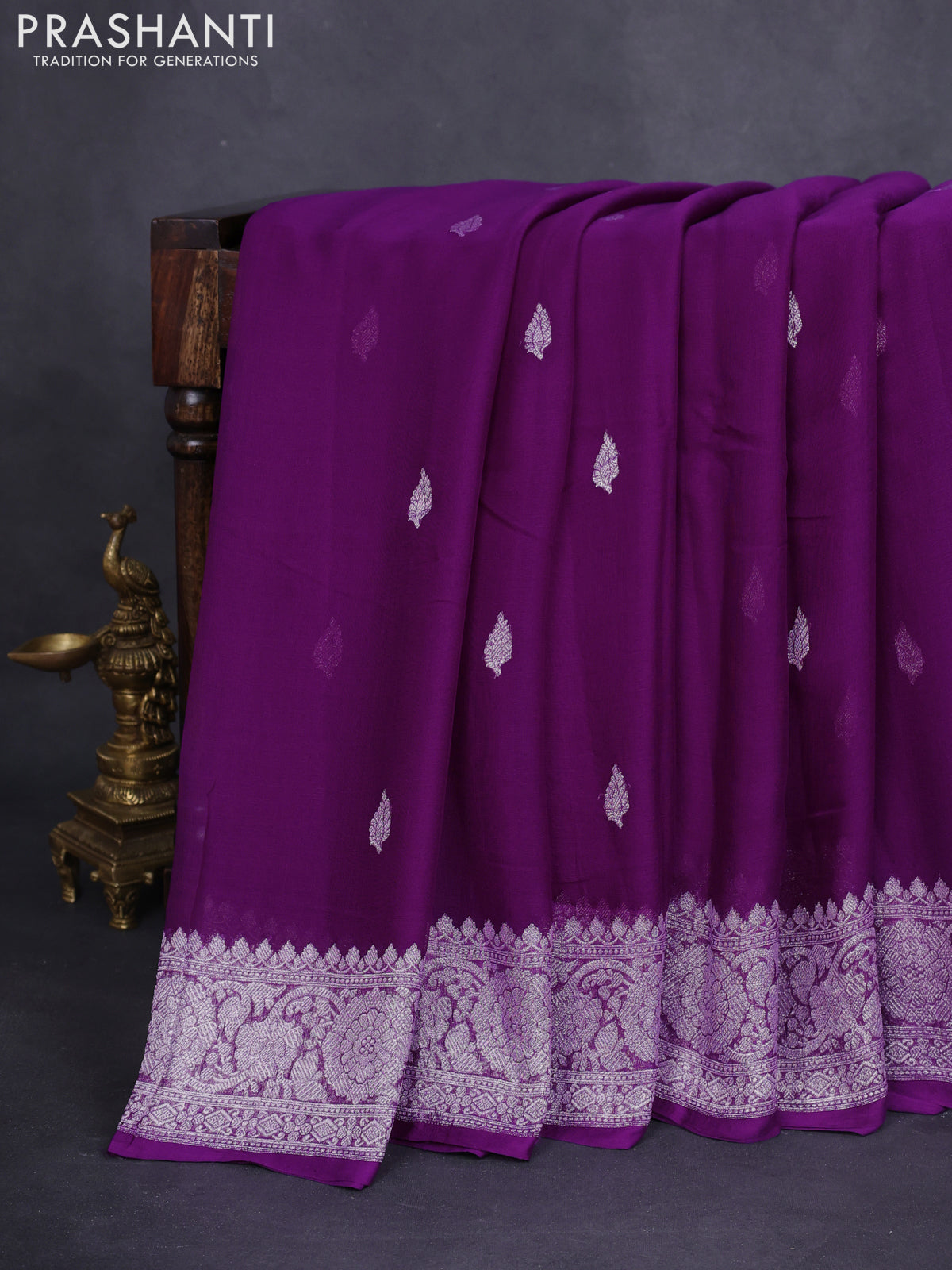 Banarasi chiffon silk saree purple with silver zari woven buttas and floral silver zari woven border