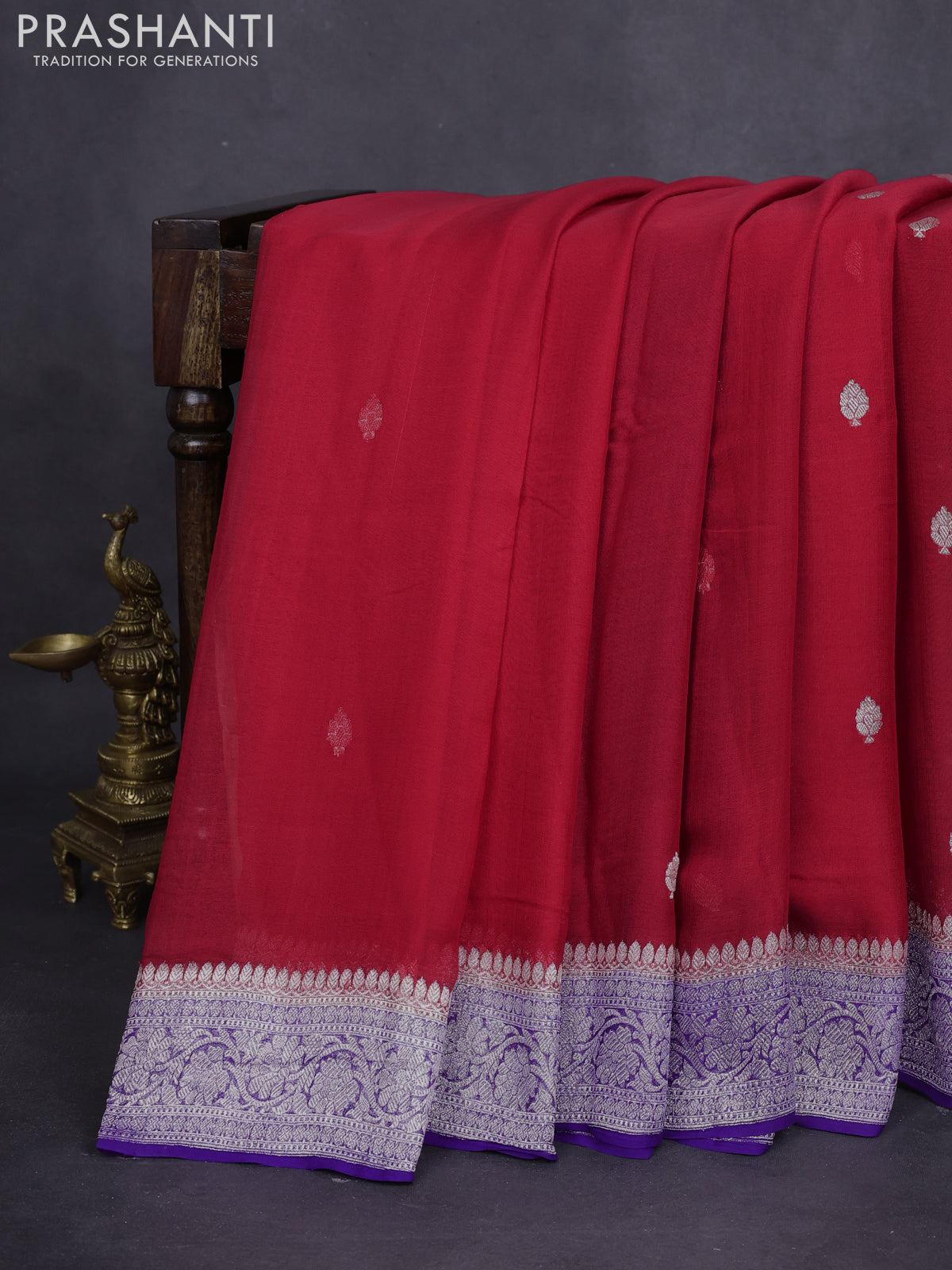 Banarasi chiffon silk saree red and violet with silver zari woven buttas and floral silver zari woven border