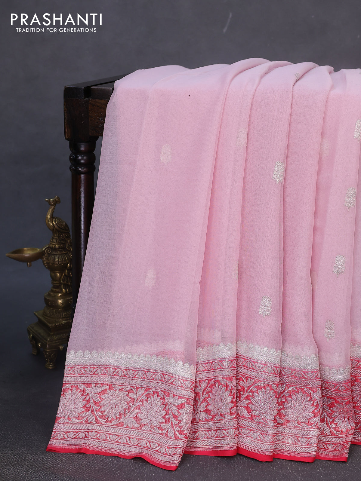 Banarasi chiffon silk saree baby pink and red with silver zari woven buttas and silver zari woven border