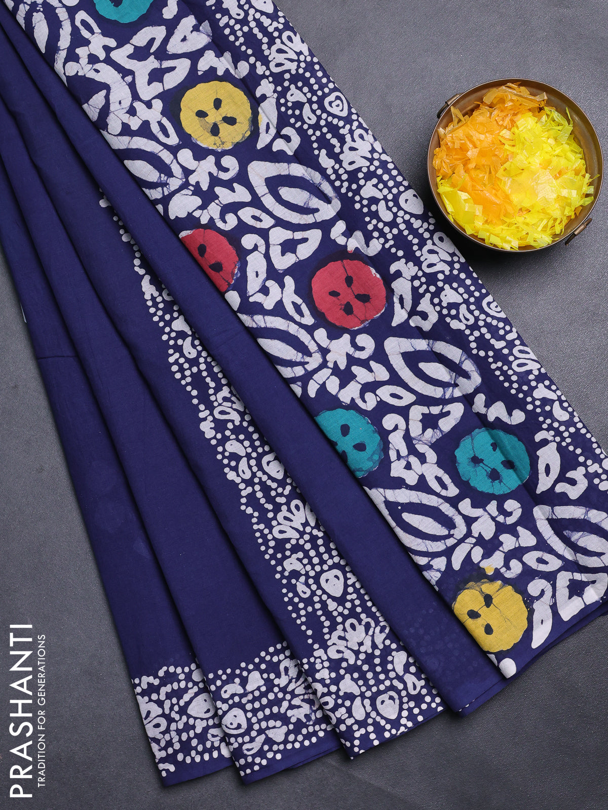 Jaipur cotton saree navy blue and white with batik prints and printed border