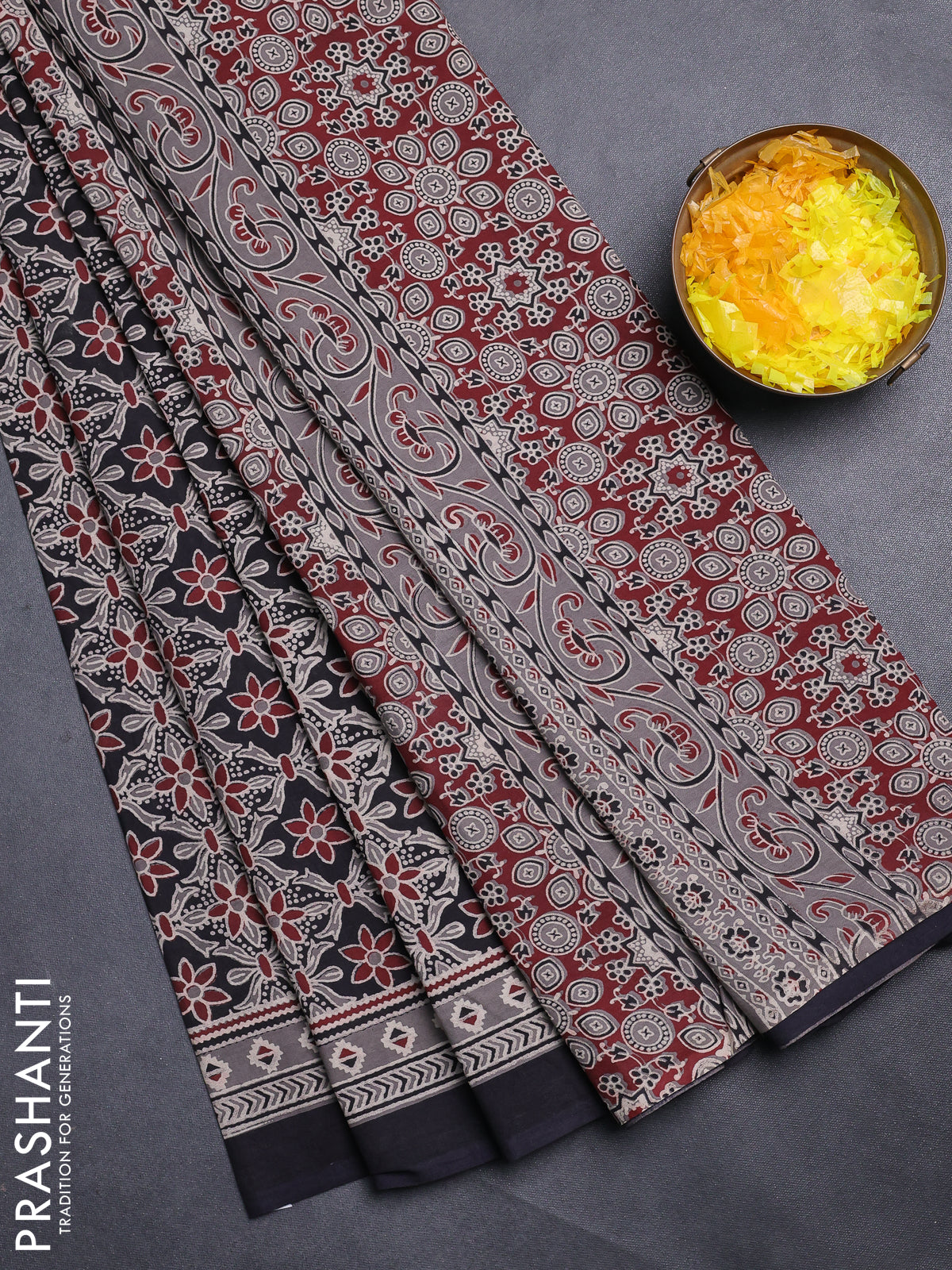 Jaipur cotton saree black and grey with allover prints and printed border