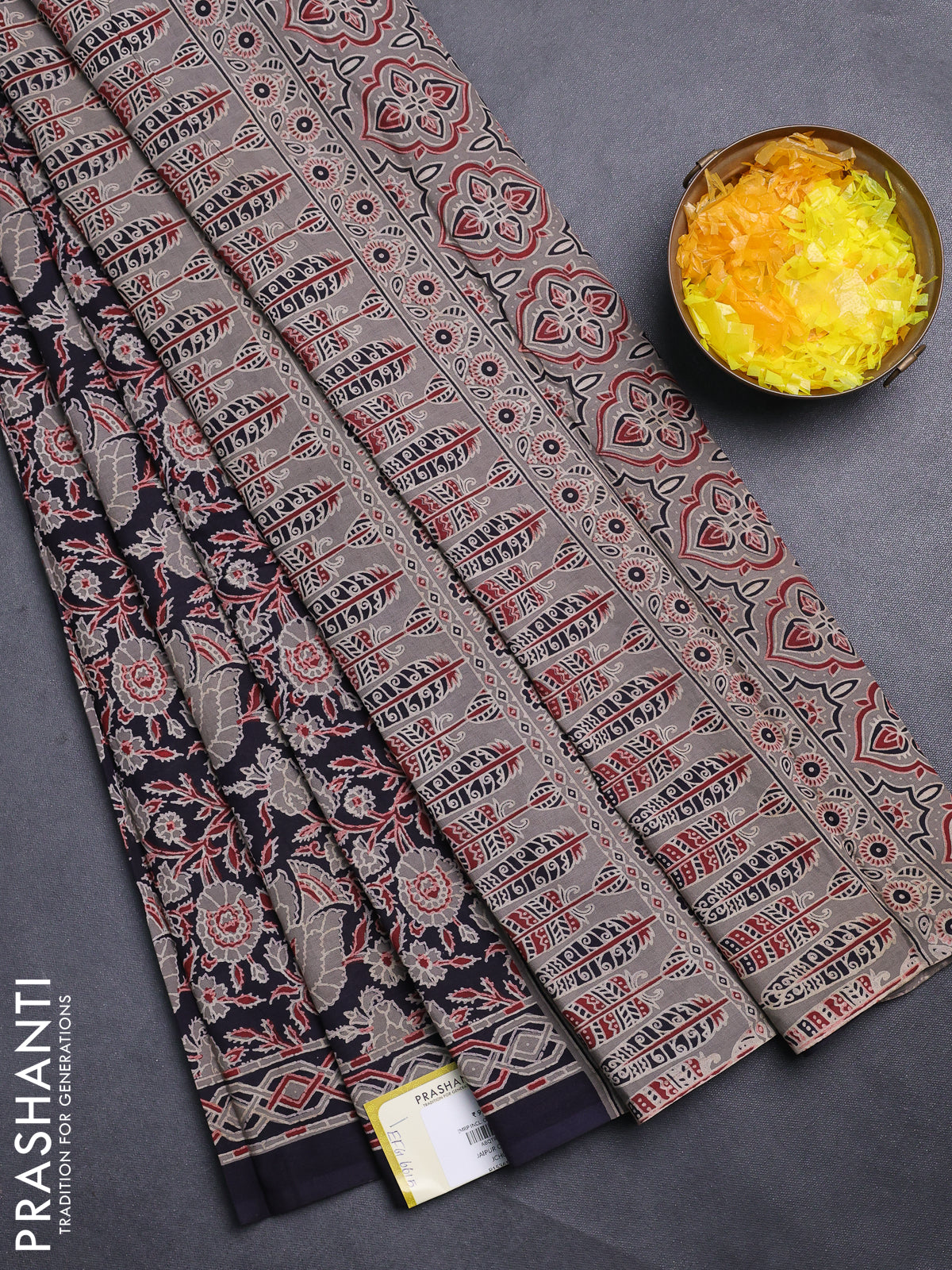 Jaipur cotton saree black with allover kalamkari prints and printed border