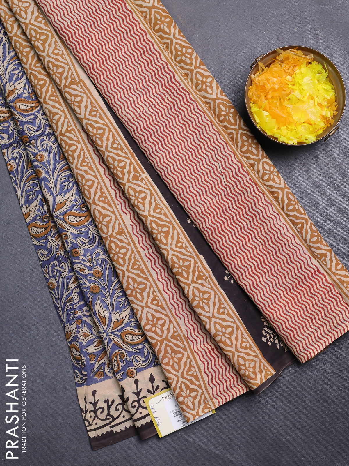 Jaipur cotton saree blue and beige with allover kalamkari prints and printed border