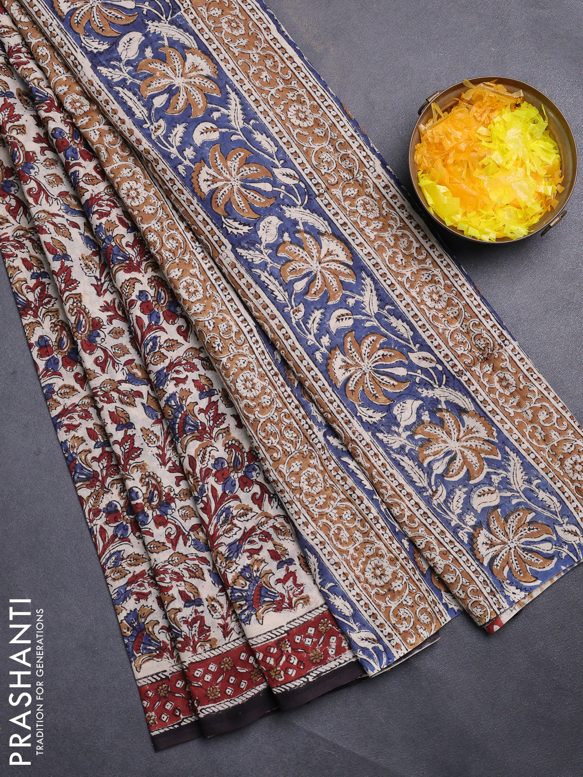 Jaipur cotton saree beige and maroon with allover kalamkari prints and printed border