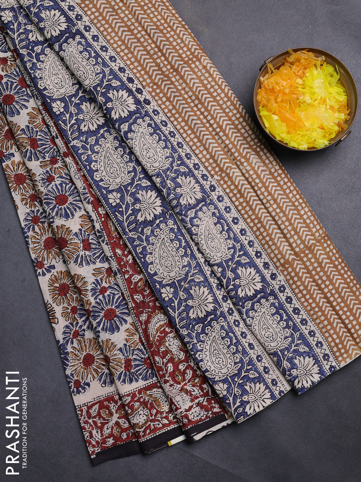 Jaipur cotton saree beige and marron with allover kalamkari prints and printed border