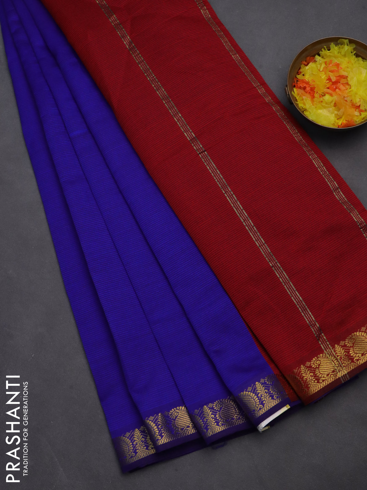 10 yards Poly cotton saree blue and maroon with plain body and zari woven border